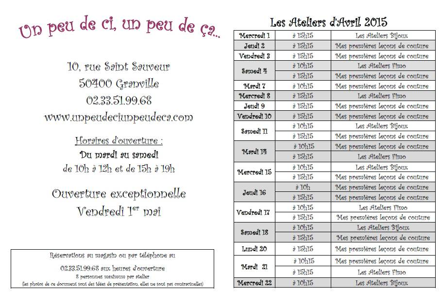 programme ateliers